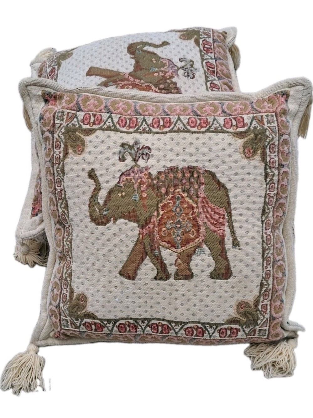 Embroidered Elephant Tapestry Pillow - Cream, Olive & Dusty Pink